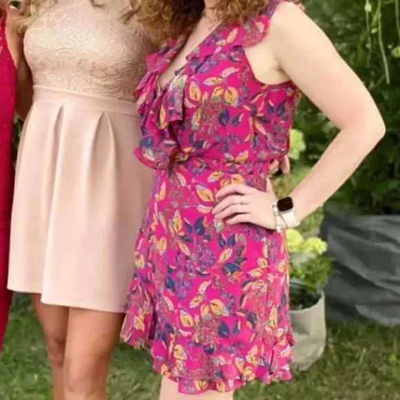 SALONI Cece 100% Silk Dark Pink Berry Printed Ruffle V Neck Mini Dress Size 6 - Picture 5 of 11